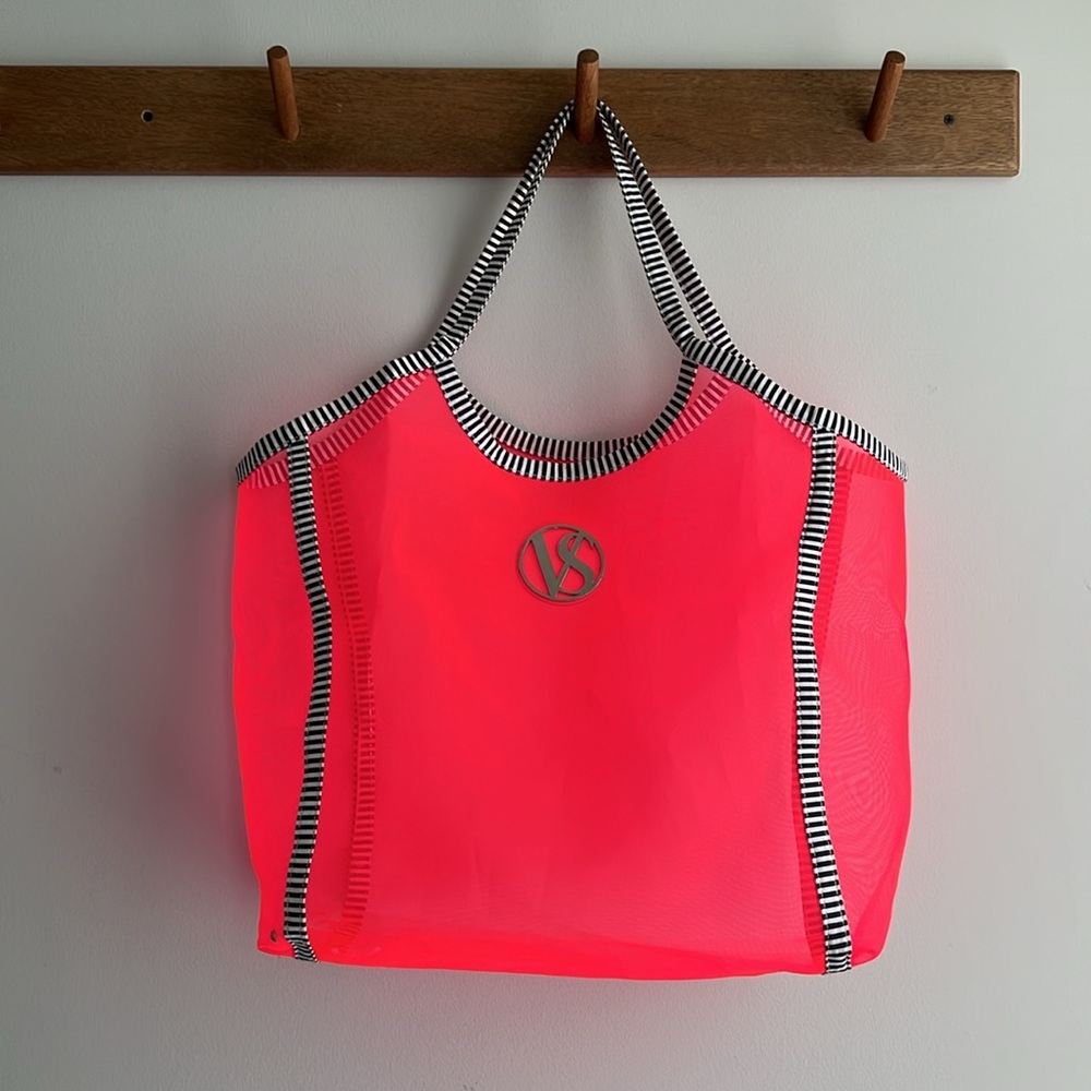 NEON Pink Victoria Secret Mesh Pool Beach Tote Bag with Striped Handles